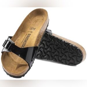 Birkenstock Madrid EU38 Black Patent leather Sandals slide buckle cork shoe guc